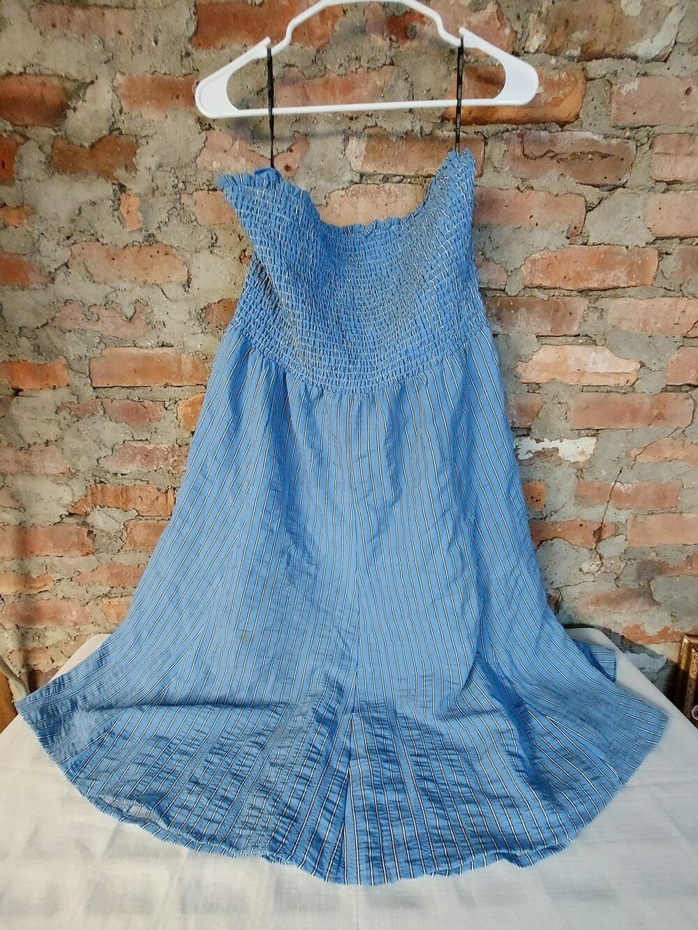 FOREVER 21+ Womens Plus Size 2X Blue Striped Smocked Strapless Wide Leg Jumpsuit
